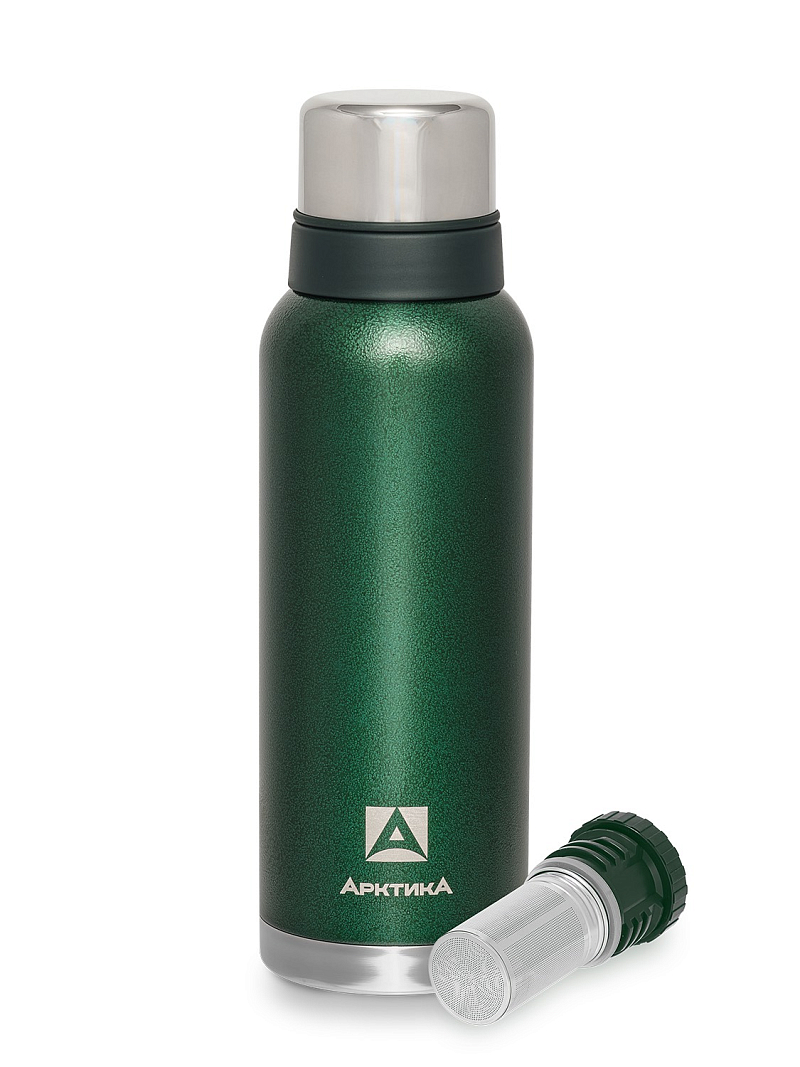 Зеленый термос с узким горлом с ситечком на 1.2л (уценка)