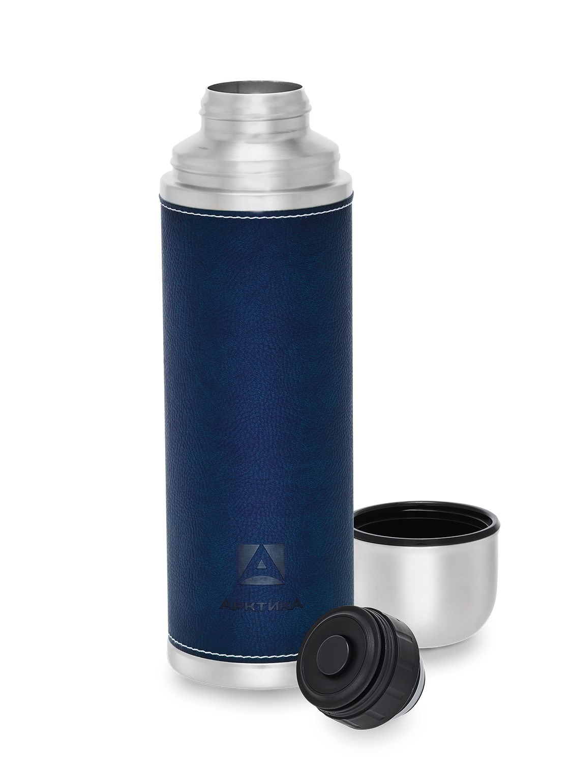 Синий термос с оплёткой из экокожи на 1л (уценка)