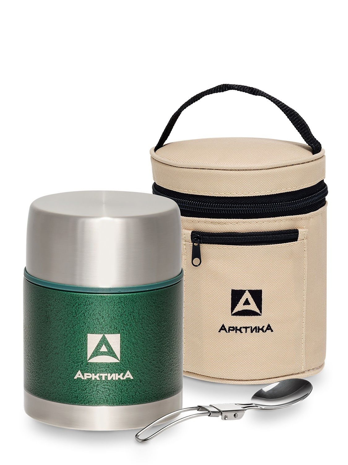 Зеленый термос с чехлом и складной ложкой на 0.6 (уценка)