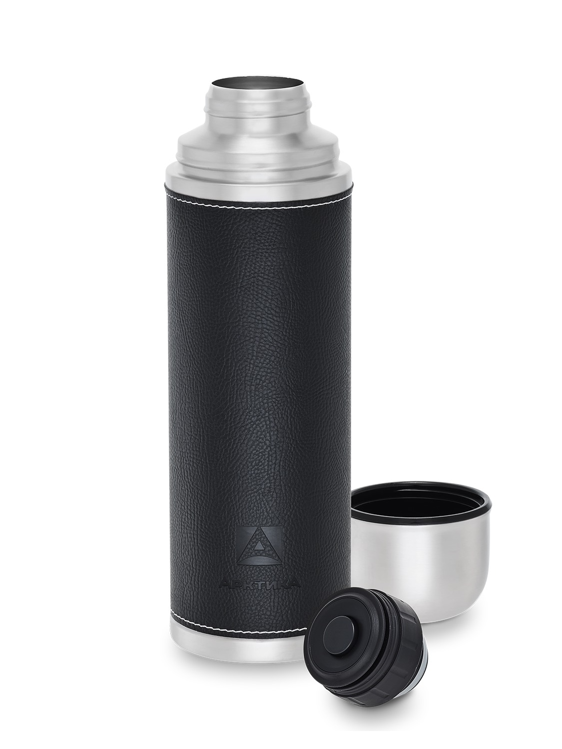 Черный термос с оплёткой из экокожи на 1л (уценка)