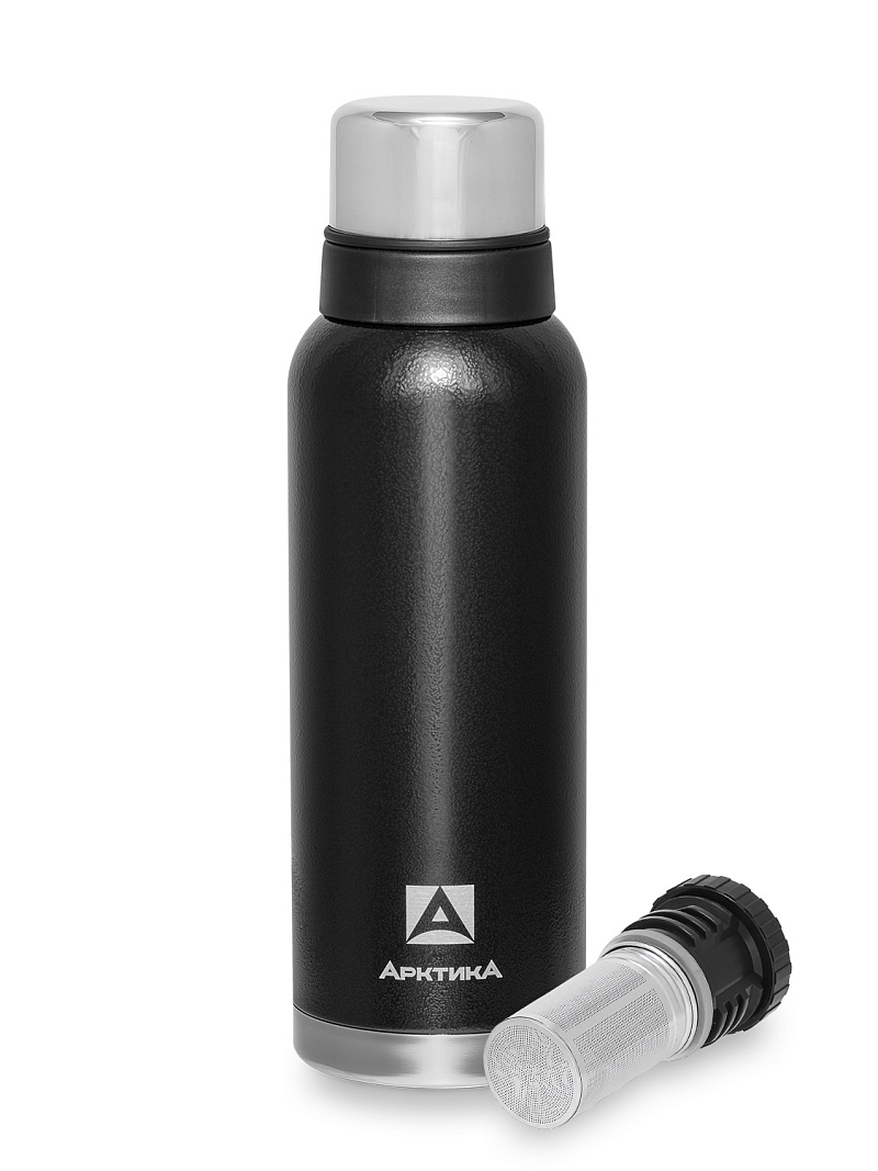 Черный термос с узким горлом с ситечком на 1.2л (уценка)