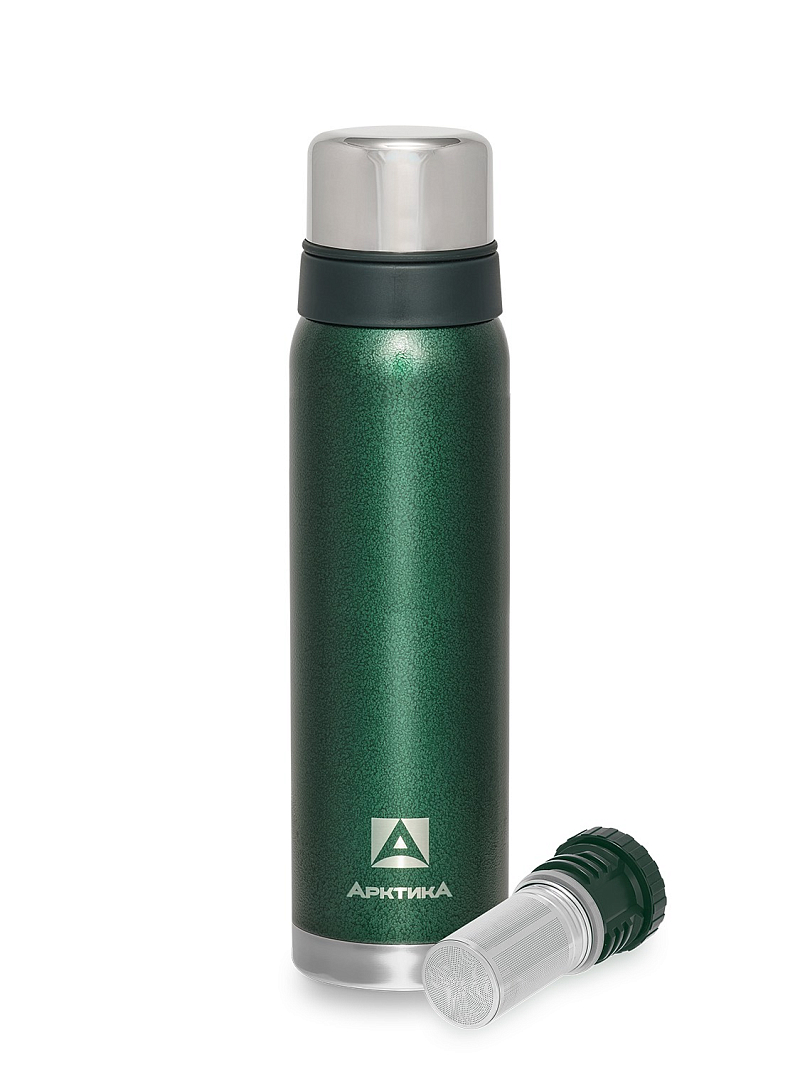 Зеленый термос с узким горлом и ситечком на 0.9л (уценка)